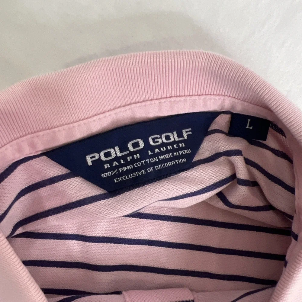 Polo Golf Ralph‎ Lauren Mens Large Shortsleeve Pink Blue Stripe-100% Pima Cotton